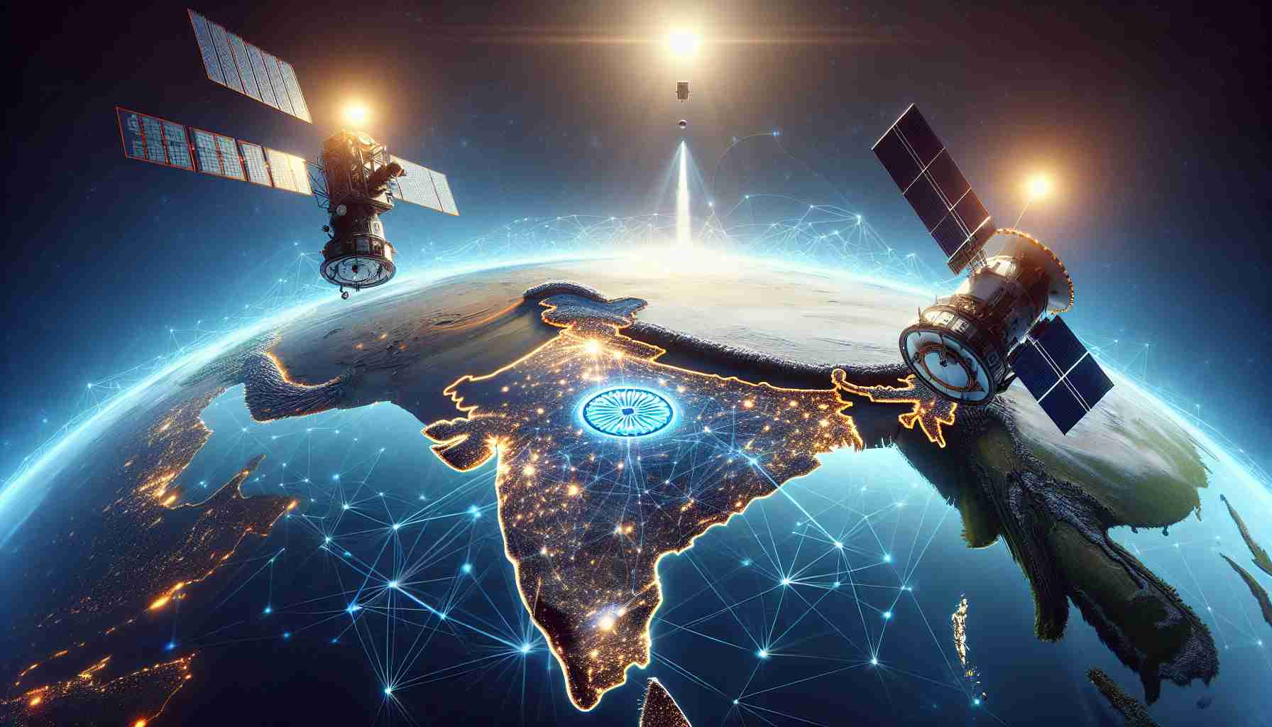 Render a detailed, high-definition image portraying the collaboration of two unidentified but major international satellite service providers, symbolized by their distinct logos, paving the way for enhanced satellite connectivity in India. The scene can include a pictorial representation of India, complemented by space satellites, connecting lines, and a broad expanse of blue sky suggestive of a more interconnected nation.