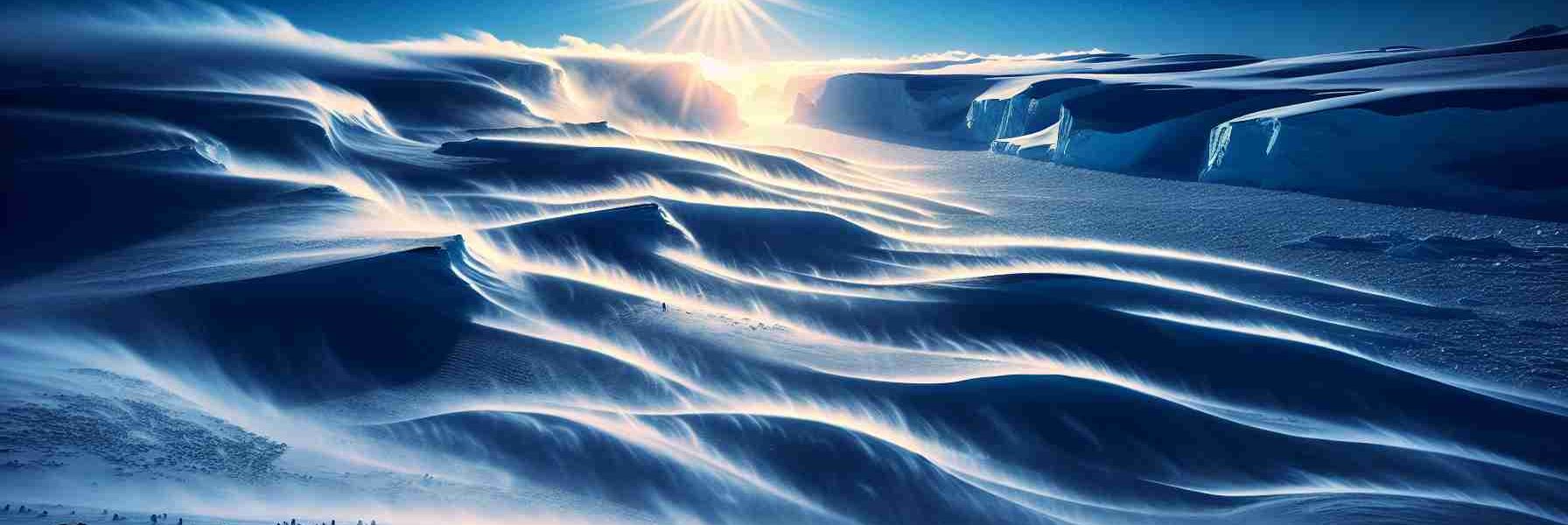 Generate an image of a spectacular display unique to Antarctica known as 'The Breath of Antarctica'. This phenomenon is characterized by the ice-cold winds sweeping across the glacial plains and casting waves of sparkling snowdust against the backdrop of clear blue skies. Here, the sun is low but persistent, casting an ethereal light on the stark, icy-white landscape. Add a group of adelie penguins in the distance for local touch. The image should present the grandeur of this icy realm, highlighting its unique weather phenomena in HD quality.