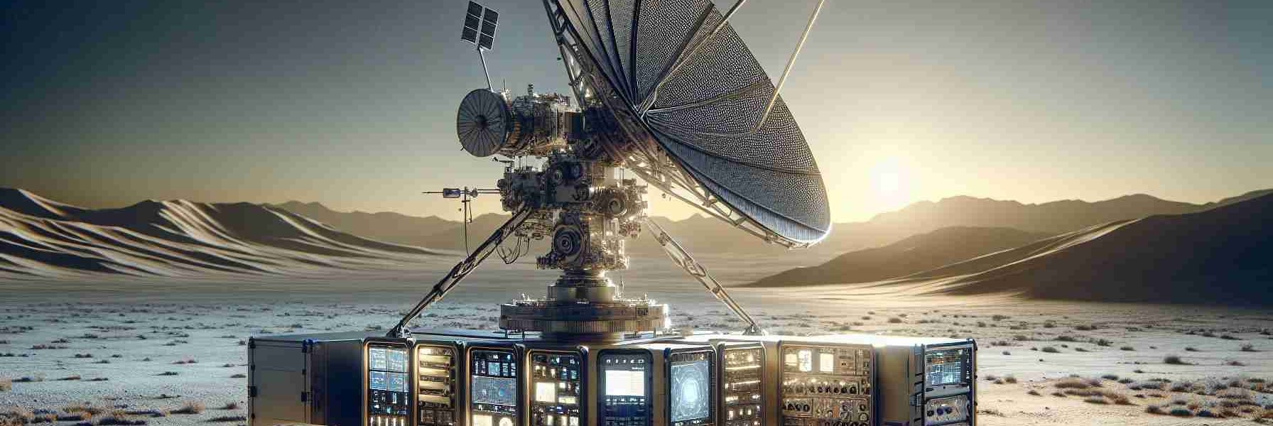 Create a realistic high-definition image showcasing an advanced satellite communication system in a remote location. The image should highlight innovative technology with various components such as a satellite dish capable of connecting to satellites in space, hardware for signal processing, and devices facilitating user interaction. Display a sparse, distant backdrop to emphasize remoteness. The equipment should come across as cutting-edge, demonstrating the seamless connectivity despite the challenges of the remote environment.