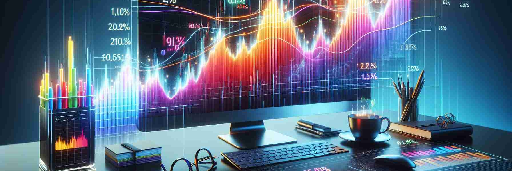 Render a photorealistic HD simulation of a stock market chart, brightly colored and dynamic, showing significant upward movement to indicate a stock surge. Accompany this visualization with text that indicates financial updates, such as changing percentages and values. The backdrop of the image should include financial or corporate imagery, such as a glossy office desk with a sleek computer monitor, a cup of coffee, and spectacles. Do not include logos, registered tradenames, or any other specific identifiers that could point to a real company.