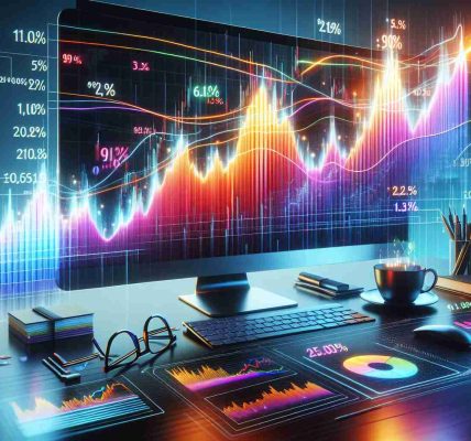 Render a photorealistic HD simulation of a stock market chart, brightly colored and dynamic, showing significant upward movement to indicate a stock surge. Accompany this visualization with text that indicates financial updates, such as changing percentages and values. The backdrop of the image should include financial or corporate imagery, such as a glossy office desk with a sleek computer monitor, a cup of coffee, and spectacles. Do not include logos, registered tradenames, or any other specific identifiers that could point to a real company.