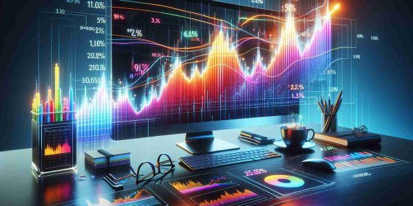 Render a photorealistic HD simulation of a stock market chart, brightly colored and dynamic, showing significant upward movement to indicate a stock surge. Accompany this visualization with text that indicates financial updates, such as changing percentages and values. The backdrop of the image should include financial or corporate imagery, such as a glossy office desk with a sleek computer monitor, a cup of coffee, and spectacles. Do not include logos, registered tradenames, or any other specific identifiers that could point to a real company.