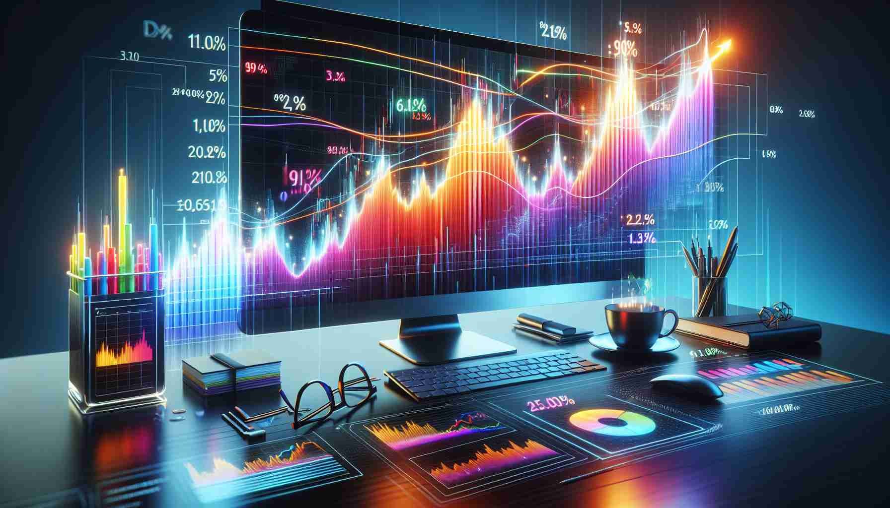 Render a photorealistic HD simulation of a stock market chart, brightly colored and dynamic, showing significant upward movement to indicate a stock surge. Accompany this visualization with text that indicates financial updates, such as changing percentages and values. The backdrop of the image should include financial or corporate imagery, such as a glossy office desk with a sleek computer monitor, a cup of coffee, and spectacles. Do not include logos, registered tradenames, or any other specific identifiers that could point to a real company.