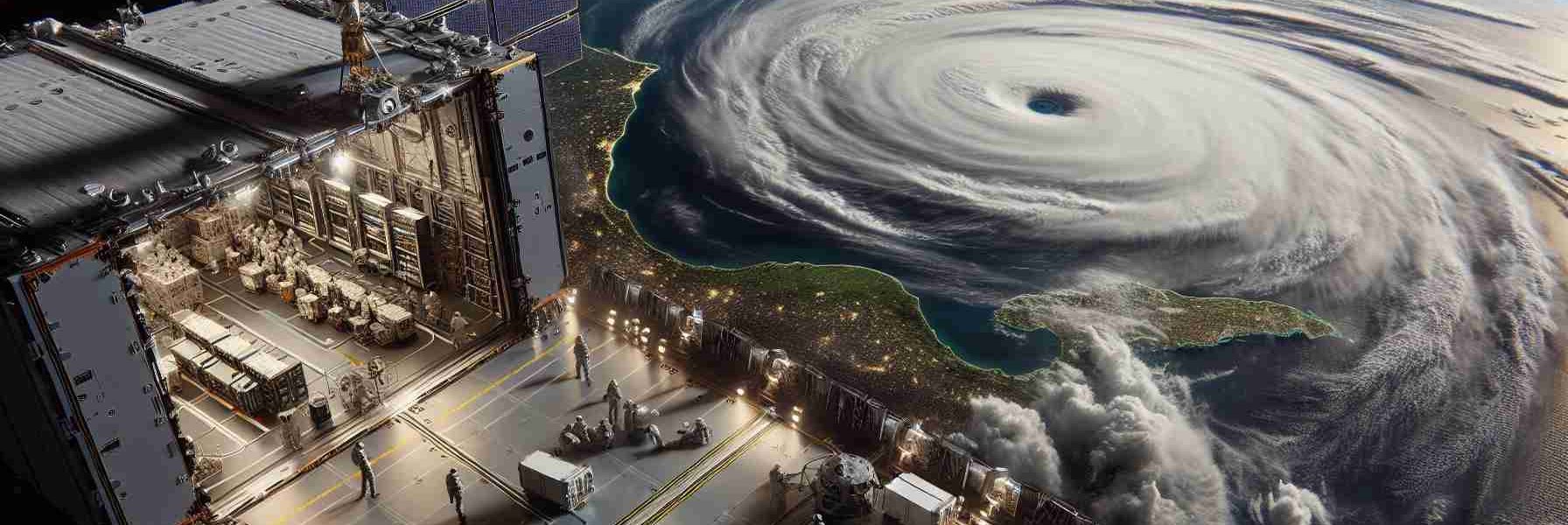 A high-definition, photorealistic depiction of the view from a satellite belonging to a prominent private American aerospace manufacturer and space transportation services company. The scene focuses on a hurricane relief operation. The vastness of space is visible alongside Earth's natural phenomenon - a hurricane, and the preparation and execution of humanitarian aid efforts in response to it.