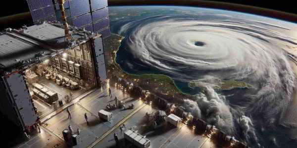 A high-definition, photorealistic depiction of the view from a satellite belonging to a prominent private American aerospace manufacturer and space transportation services company. The scene focuses on a hurricane relief operation. The vastness of space is visible alongside Earth's natural phenomenon - a hurricane, and the preparation and execution of humanitarian aid efforts in response to it.