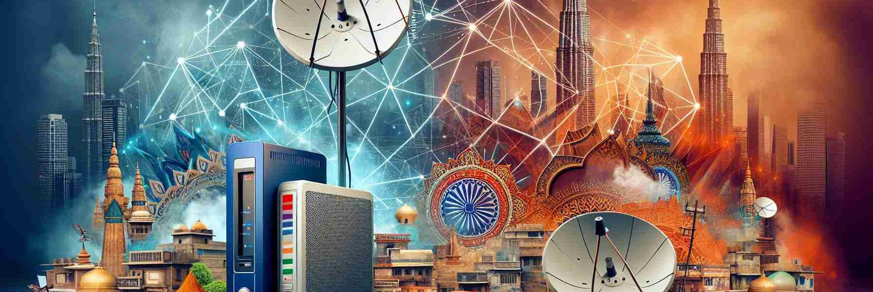 Create a high-definition image symbolizing the rivalry in satellite internet services in India, representing a new era of connectivity. The image should show two modems or satellite dishes from different providers competing against each other. Add the backdrop of a cityscape in India enriched with skyscrapers and traditional Indian elements juxtaposed. Ensure all components reflect the advances and competitiveness in the technology sector.