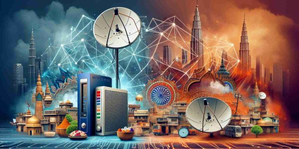 Create a high-definition image symbolizing the rivalry in satellite internet services in India, representing a new era of connectivity. The image should show two modems or satellite dishes from different providers competing against each other. Add the backdrop of a cityscape in India enriched with skyscrapers and traditional Indian elements juxtaposed. Ensure all components reflect the advances and competitiveness in the technology sector.