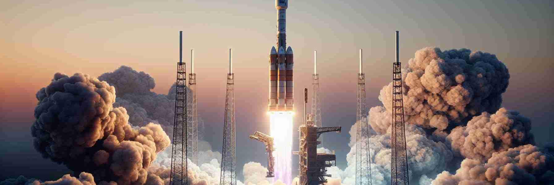 Realistic high-definition photo of the successful launch of a European Space Agency's mission named Hera, heading for asteroid exploration. The spacecraft is seen lifting off from its launch pad, an enormous pillar of smoke and flame billowing from beneath it. The sky is a perfect gradient from pale to deep blue, indicating early morning or late evening. The surrounding environment showcases the technological complex of the launch site.