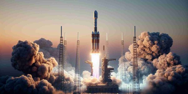 Realistic high-definition photo of the successful launch of a European Space Agency's mission named Hera, heading for asteroid exploration. The spacecraft is seen lifting off from its launch pad, an enormous pillar of smoke and flame billowing from beneath it. The sky is a perfect gradient from pale to deep blue, indicating early morning or late evening. The surrounding environment showcases the technological complex of the launch site.