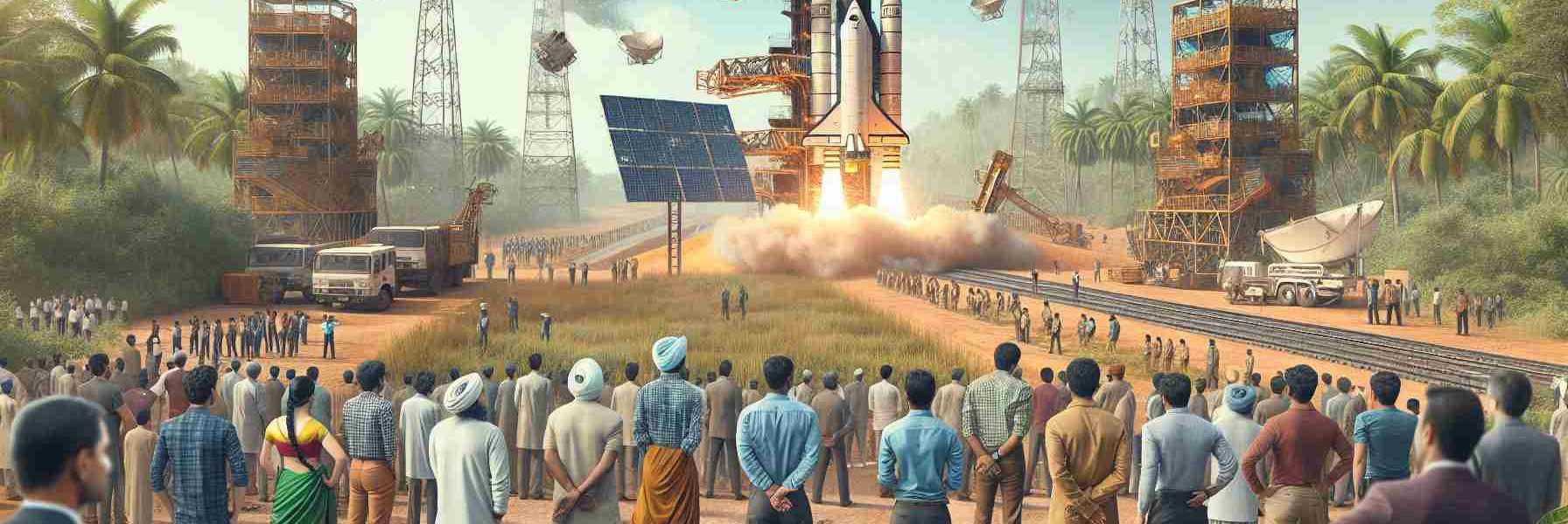 Generate a high-definition, realistic image of a generic satellite launch event happening in India. The image should depict the launch site set in typical Indian surroundings. Engineers of various ethnicities and genders, including Indian descent, can be seen preparing for the launch. The satellite should be state-of-the-art, with innovative technology visible.