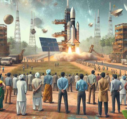 Generate a high-definition, realistic image of a generic satellite launch event happening in India. The image should depict the launch site set in typical Indian surroundings. Engineers of various ethnicities and genders, including Indian descent, can be seen preparing for the launch. The satellite should be state-of-the-art, with innovative technology visible.