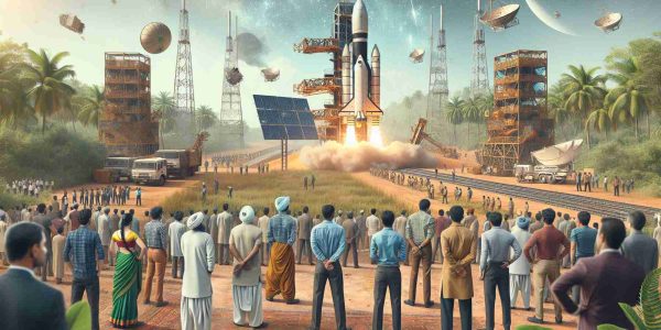 Generate a high-definition, realistic image of a generic satellite launch event happening in India. The image should depict the launch site set in typical Indian surroundings. Engineers of various ethnicities and genders, including Indian descent, can be seen preparing for the launch. The satellite should be state-of-the-art, with innovative technology visible.