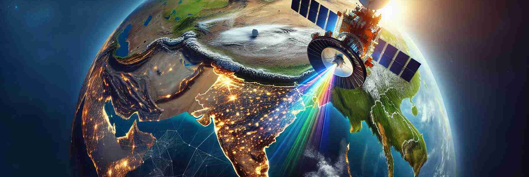 A high-definition, realistic portrayal of an innovative satellite orbiting Earth. The satellite beams down vibrant signals, signifying the transformation and modernization of communication systems. Below, the geographical landscape of India emerges prominently, reflecting the region's active embrace of this newfound connectivity. The image should depict diversity within its rural and urban areas, highlighting the revolution in communication unfolding across various landscapes from mountainous regions to bustling cities, bridging gaps between communities and fostering mutual growth.