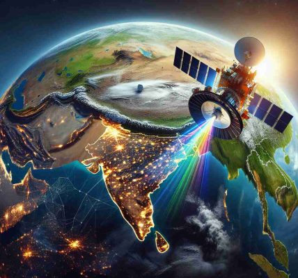 A high-definition, realistic portrayal of an innovative satellite orbiting Earth. The satellite beams down vibrant signals, signifying the transformation and modernization of communication systems. Below, the geographical landscape of India emerges prominently, reflecting the region's active embrace of this newfound connectivity. The image should depict diversity within its rural and urban areas, highlighting the revolution in communication unfolding across various landscapes from mountainous regions to bustling cities, bridging gaps between communities and fostering mutual growth.