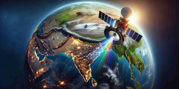 A high-definition, realistic portrayal of an innovative satellite orbiting Earth. The satellite beams down vibrant signals, signifying the transformation and modernization of communication systems. Below, the geographical landscape of India emerges prominently, reflecting the region's active embrace of this newfound connectivity. The image should depict diversity within its rural and urban areas, highlighting the revolution in communication unfolding across various landscapes from mountainous regions to bustling cities, bridging gaps between communities and fostering mutual growth.