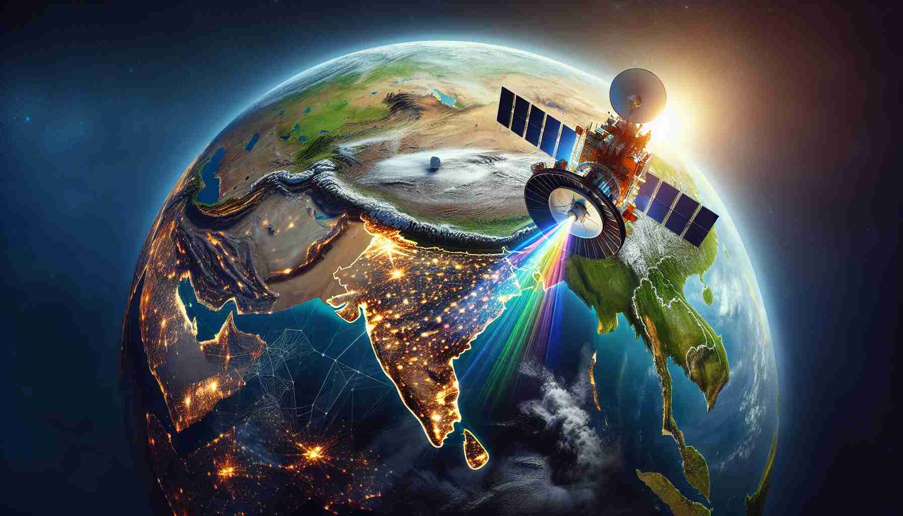 A high-definition, realistic portrayal of an innovative satellite orbiting Earth. The satellite beams down vibrant signals, signifying the transformation and modernization of communication systems. Below, the geographical landscape of India emerges prominently, reflecting the region's active embrace of this newfound connectivity. The image should depict diversity within its rural and urban areas, highlighting the revolution in communication unfolding across various landscapes from mountainous regions to bustling cities, bridging gaps between communities and fostering mutual growth.