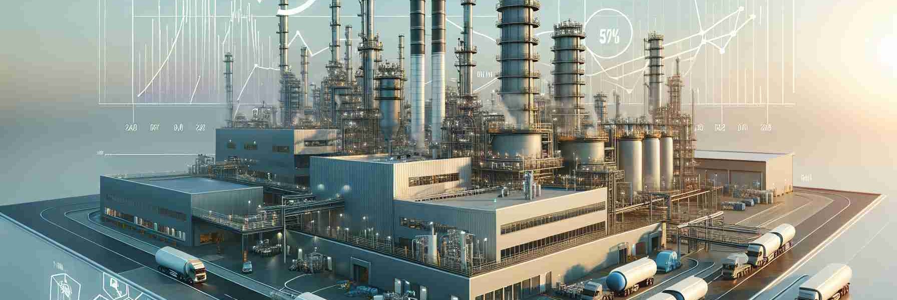 High-definition, photorealistic image of a fictitious chemicals manufacturing company, let's call it 'Satellite Chemical Enterprise'. Visualize it as a large industrial complex during a clear sunny day. The complex is architecturally modern with large, metal-clad buildings, tall chimneys emitting harmless steam, and transport trucks parked for loading and unloading. There are bar graphs and pie charts floating in the foreground, symbolizing market trends and company's valuation. These charts show an upward trend, indicating positive growth and good market standing.