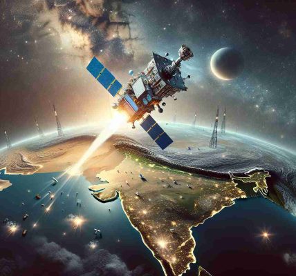 Display a realistic, high-definition image representing India's development in space surveillance through a new satellite launch initiative. Depict a majestic satellite being thrust into the cosmos with the Indian subcontinent visible below. The satellite should be detailed, showcasing cutting-edge technology. The background should brim with stars and various celestial bodies. The launch procession in progress on the ground should be distant yet highly noticeable, signifying the country's dedication and growth in space exploration. India's iconic landmarks and diverse terrains should also be recognizable from a bird's-eye view.