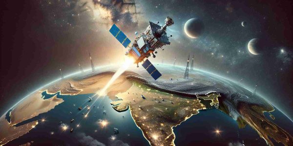 Display a realistic, high-definition image representing India's development in space surveillance through a new satellite launch initiative. Depict a majestic satellite being thrust into the cosmos with the Indian subcontinent visible below. The satellite should be detailed, showcasing cutting-edge technology. The background should brim with stars and various celestial bodies. The launch procession in progress on the ground should be distant yet highly noticeable, signifying the country's dedication and growth in space exploration. India's iconic landmarks and diverse terrains should also be recognizable from a bird's-eye view.