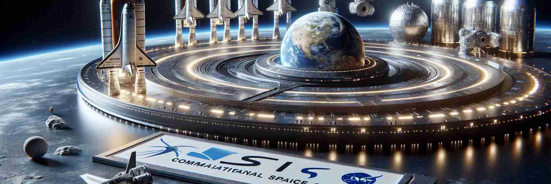 A high definition, realistic image depicts the concept of a commercial space company partnering with a national space agency for future space explorations. The scene includes an artist's impression of futuristic spacecrafts in space, adorned with unlabeled corporate and government logos. Part of the scene also includes a model of the earth from the outer space perspective with an array of stars in the distant universe.