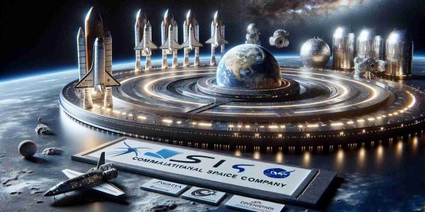 A high definition, realistic image depicts the concept of a commercial space company partnering with a national space agency for future space explorations. The scene includes an artist's impression of futuristic spacecrafts in space, adorned with unlabeled corporate and government logos. Part of the scene also includes a model of the earth from the outer space perspective with an array of stars in the distant universe.