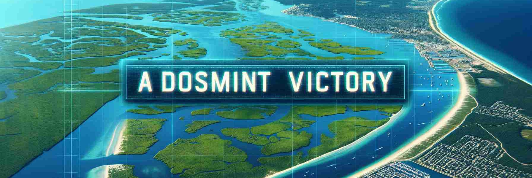 A realistic, high-definition image showcasing the scenic beauty of Merritt Island. Features should highlight its natural landscape including vast green marshlands, blue oceans, and maybe some boats floating around.  Overlay text declaring 'A Dominant Victory' should be present in bold letters, indicating a surprising event that caught the attention of a virtual satellite audience. The overall tone should convey triumphant success.