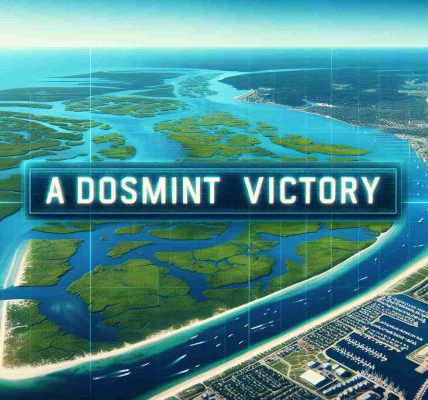 A realistic, high-definition image showcasing the scenic beauty of Merritt Island. Features should highlight its natural landscape including vast green marshlands, blue oceans, and maybe some boats floating around.  Overlay text declaring 'A Dominant Victory' should be present in bold letters, indicating a surprising event that caught the attention of a virtual satellite audience. The overall tone should convey triumphant success.