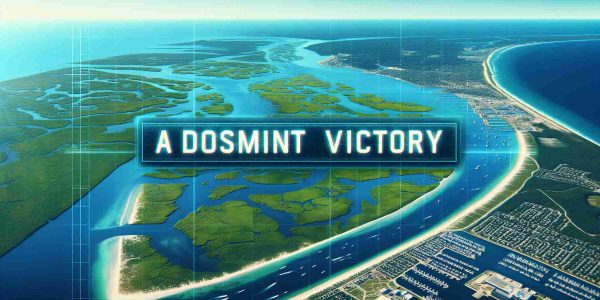 A realistic, high-definition image showcasing the scenic beauty of Merritt Island. Features should highlight its natural landscape including vast green marshlands, blue oceans, and maybe some boats floating around.  Overlay text declaring 'A Dominant Victory' should be present in bold letters, indicating a surprising event that caught the attention of a virtual satellite audience. The overall tone should convey triumphant success.