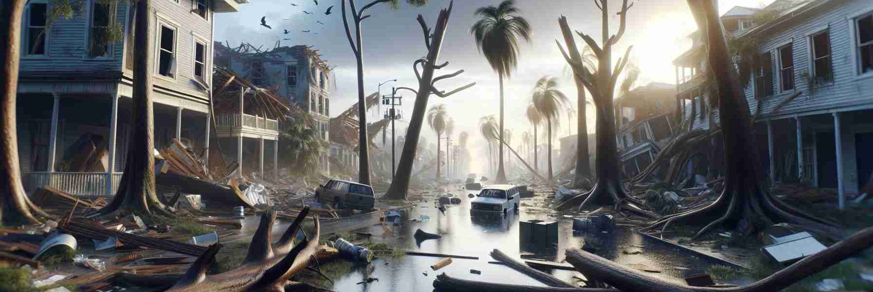 Create a realistic, high-definition image that illustrates the destructive aftermath of a major hurricane named Milton in the state of Florida. The scene should encompass uprooted trees, damaged buildings, flooded streets, and scattered debris, showcasing how nature can drastically alter man-made environments.