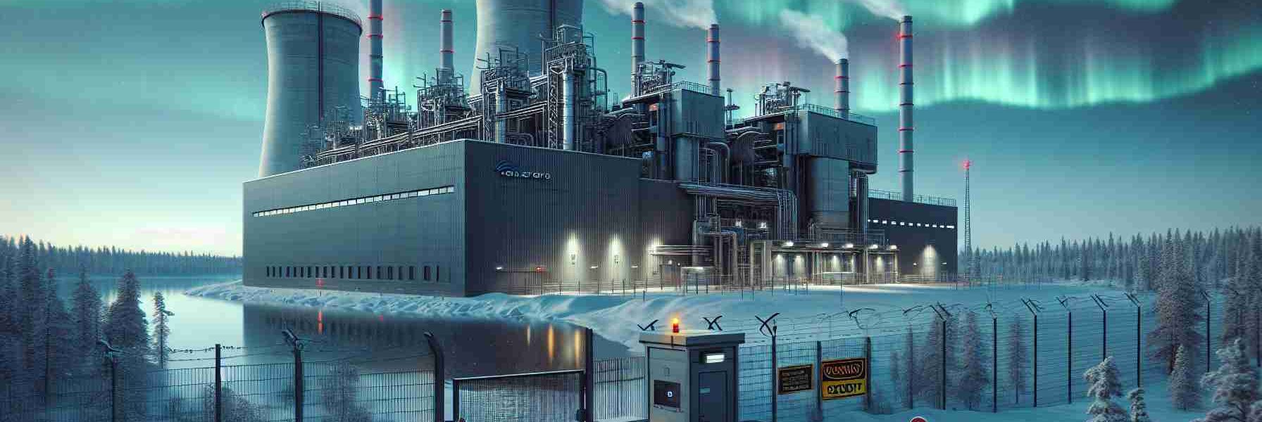 Generate a realistic HD image depicting a power provider plant in Finland, with signs of increased security measures. This scene shows a structure with industrial design elements typical of power facilities, surrounded by security fences and cameras. The building is situated in a snowy setting, reflecting the typical Finnish landscape. Foreground elements can include warning signs, security personnel, and gate or entrance indicating high security. The Northern lights can be seen overhead painting the sky with their magical colors, further establishing the scene as being set in Finland.