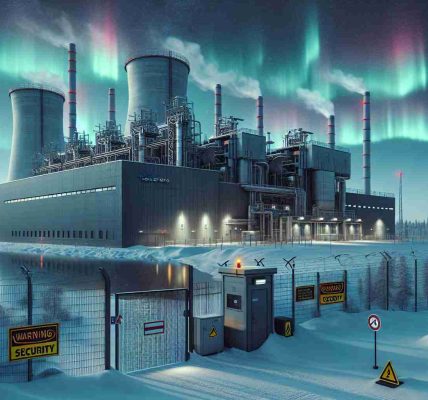 Generate a realistic HD image depicting a power provider plant in Finland, with signs of increased security measures. This scene shows a structure with industrial design elements typical of power facilities, surrounded by security fences and cameras. The building is situated in a snowy setting, reflecting the typical Finnish landscape. Foreground elements can include warning signs, security personnel, and gate or entrance indicating high security. The Northern lights can be seen overhead painting the sky with their magical colors, further establishing the scene as being set in Finland.