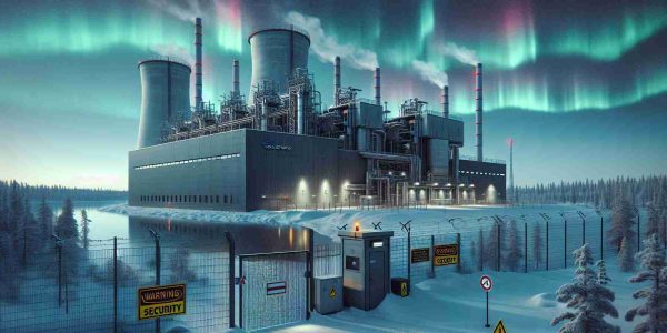 Generate a realistic HD image depicting a power provider plant in Finland, with signs of increased security measures. This scene shows a structure with industrial design elements typical of power facilities, surrounded by security fences and cameras. The building is situated in a snowy setting, reflecting the typical Finnish landscape. Foreground elements can include warning signs, security personnel, and gate or entrance indicating high security. The Northern lights can be seen overhead painting the sky with their magical colors, further establishing the scene as being set in Finland.