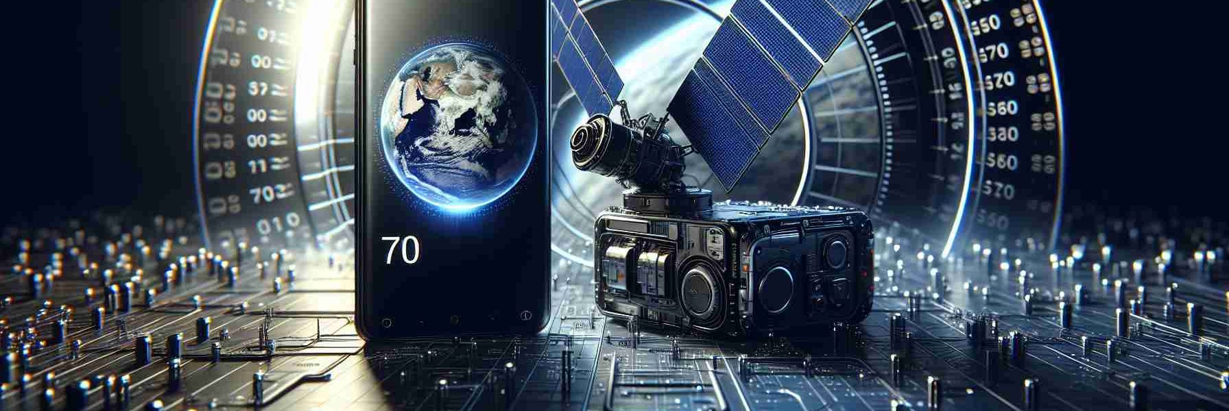 High-definition, realistic depiction of anticipated advancements in satellite communication technology in relation with a high-end smartphone series. The series is designated by the number 70, featuring cutting-edge design and high-performance features, demonstrating a seamless integration of technology and aesthetics.