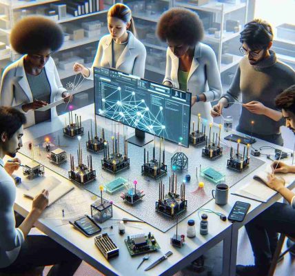 Realistic high-definition image illustrating the concept of innovative communication. It shows a diverse group of students in a lab-like environment. They are working together and each has a role: a Black female student is leading the project, a Caucasian male student is delicately assembling devices, a Middle-Eastern female student is taking diligent notes and a Hispanic male student is in front of a computer, running software tests. On the table, there are small tech devices that look like they are designed to create a mesh network, representing the 'Meshtastic Devices'.