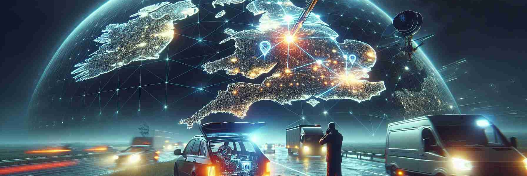 Generate a high-definition, realistic visual representation of a scenario where a global technology company is introducing satellite-based roadside assistance service in the United Kingdom. Illustrate the imagery with the brand identity of the company subtly shown. The scene should depict a large map of the UK lit up with satellite signals, and a stranded vehicle being helped on the motorway. Emphasize the advanced technology involved by incorporating elements that symbolize satellite communication and innovative vehicle service solutions.