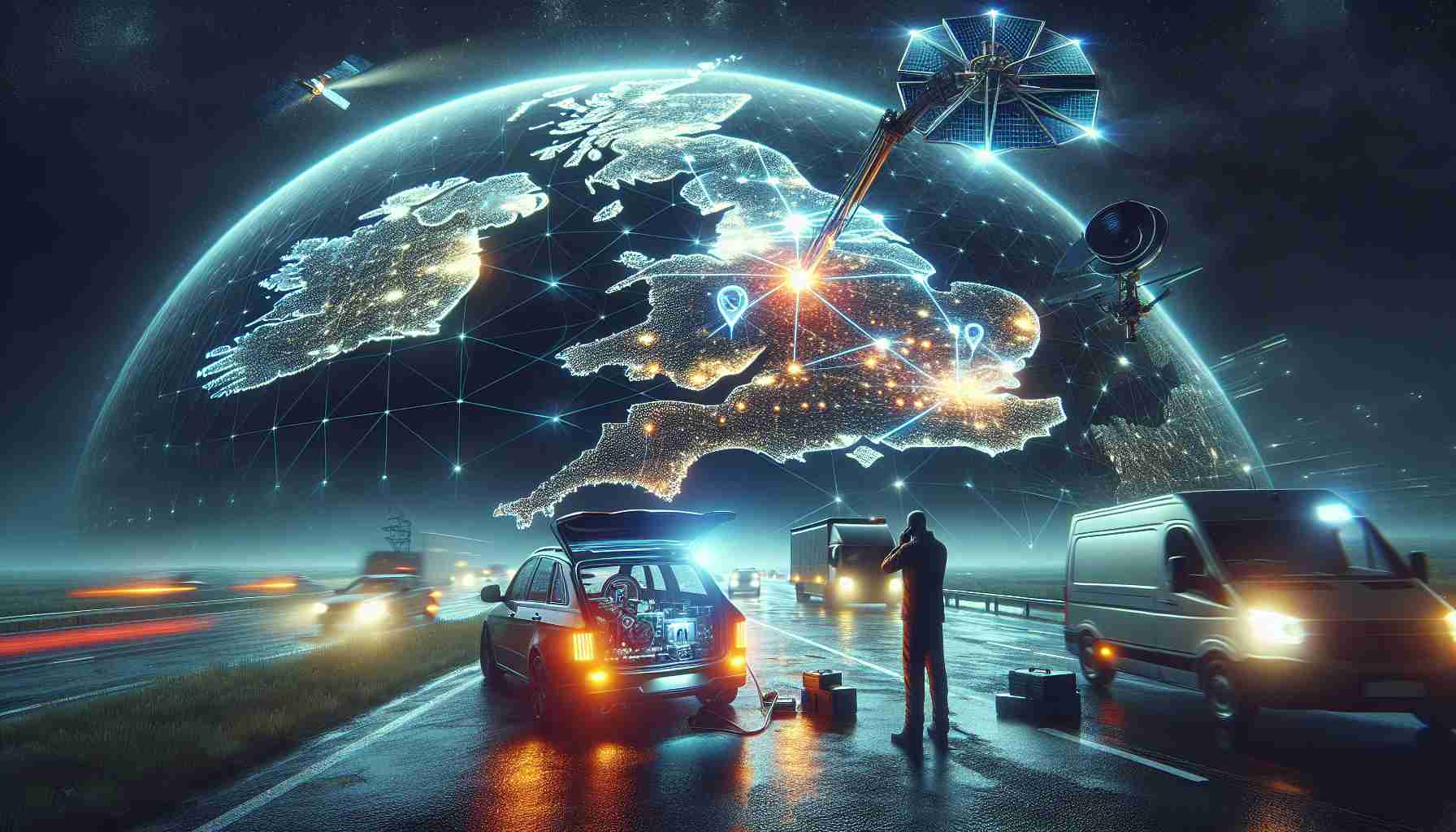 Generate a high-definition, realistic visual representation of a scenario where a global technology company is introducing satellite-based roadside assistance service in the United Kingdom. Illustrate the imagery with the brand identity of the company subtly shown. The scene should depict a large map of the UK lit up with satellite signals, and a stranded vehicle being helped on the motorway. Emphasize the advanced technology involved by incorporating elements that symbolize satellite communication and innovative vehicle service solutions.