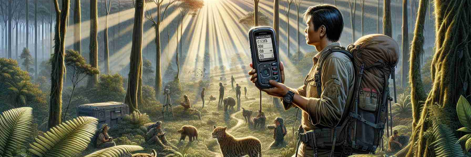 Detailed depiction of a wilderness exploration scene. At the center, an individual with Asian descent and masculine gender is holding a high-resolution device dubbed as the New Garmin InReach Messenger Plus, clearly showing its features such as its sturdy build, screen details, and buttons. The individual is surrounded by diverse wildlife and virgin forests, emphasizing the sense of adventure and discovery. Rays of the setting sun are piercing through the lush canopy overhead, casting linear shadows in the area. Please show this in a realistic and high-definition imagery.