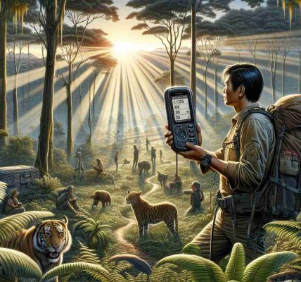 Detailed depiction of a wilderness exploration scene. At the center, an individual with Asian descent and masculine gender is holding a high-resolution device dubbed as the New Garmin InReach Messenger Plus, clearly showing its features such as its sturdy build, screen details, and buttons. The individual is surrounded by diverse wildlife and virgin forests, emphasizing the sense of adventure and discovery. Rays of the setting sun are piercing through the lush canopy overhead, casting linear shadows in the area. Please show this in a realistic and high-definition imagery.