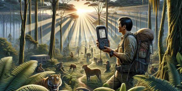 Detailed depiction of a wilderness exploration scene. At the center, an individual with Asian descent and masculine gender is holding a high-resolution device dubbed as the New Garmin InReach Messenger Plus, clearly showing its features such as its sturdy build, screen details, and buttons. The individual is surrounded by diverse wildlife and virgin forests, emphasizing the sense of adventure and discovery. Rays of the setting sun are piercing through the lush canopy overhead, casting linear shadows in the area. Please show this in a realistic and high-definition imagery.