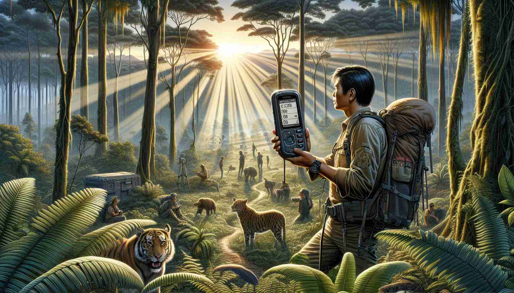 Detailed depiction of a wilderness exploration scene. At the center, an individual with Asian descent and masculine gender is holding a high-resolution device dubbed as the New Garmin InReach Messenger Plus, clearly showing its features such as its sturdy build, screen details, and buttons. The individual is surrounded by diverse wildlife and virgin forests, emphasizing the sense of adventure and discovery. Rays of the setting sun are piercing through the lush canopy overhead, casting linear shadows in the area. Please show this in a realistic and high-definition imagery.