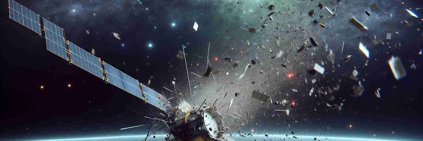 A realistic high-definition image portraying the breakdown of a satellite in space. This incident is causing a flurry of space debris, generating concerns about possible hazards for other space equipment. Debris can be seen flying off the satellite in various directions, reflecting light off them to illustrate their erratic movements. The distant background stars, planets, and nebulae lend contrast to the scene.