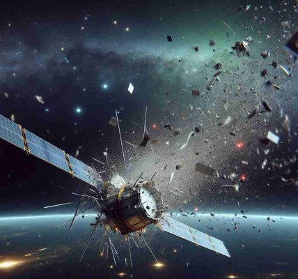 A realistic high-definition image portraying the breakdown of a satellite in space. This incident is causing a flurry of space debris, generating concerns about possible hazards for other space equipment. Debris can be seen flying off the satellite in various directions, reflecting light off them to illustrate their erratic movements. The distant background stars, planets, and nebulae lend contrast to the scene.