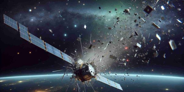 A realistic high-definition image portraying the breakdown of a satellite in space. This incident is causing a flurry of space debris, generating concerns about possible hazards for other space equipment. Debris can be seen flying off the satellite in various directions, reflecting light off them to illustrate their erratic movements. The distant background stars, planets, and nebulae lend contrast to the scene.