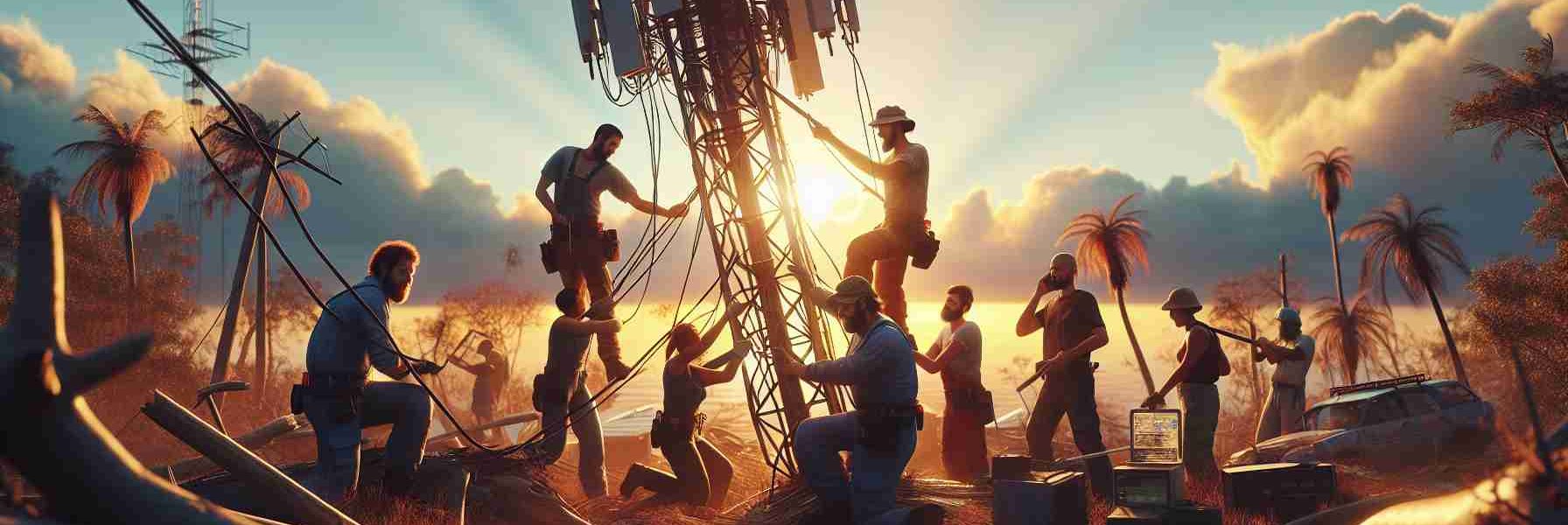 High definition image, illustrative of restoration efforts post-disaster. The scene depicts a group of men and women of mixed descents, including Caucasian, Hispanic, and Asian, working together to rebuild a damaged communication tower. The backdrop showcases a setting sun casting long shadows over a decimated landscape, hinting at the aftermath of a disaster. The workers, defying their exhaustion, show signs of determination to restore connectivity, reflecting the resilience of the human spirit.