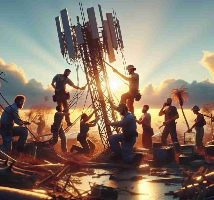 High definition image, illustrative of restoration efforts post-disaster. The scene depicts a group of men and women of mixed descents, including Caucasian, Hispanic, and Asian, working together to rebuild a damaged communication tower. The backdrop showcases a setting sun casting long shadows over a decimated landscape, hinting at the aftermath of a disaster. The workers, defying their exhaustion, show signs of determination to restore connectivity, reflecting the resilience of the human spirit.