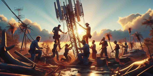 High definition image, illustrative of restoration efforts post-disaster. The scene depicts a group of men and women of mixed descents, including Caucasian, Hispanic, and Asian, working together to rebuild a damaged communication tower. The backdrop showcases a setting sun casting long shadows over a decimated landscape, hinting at the aftermath of a disaster. The workers, defying their exhaustion, show signs of determination to restore connectivity, reflecting the resilience of the human spirit.