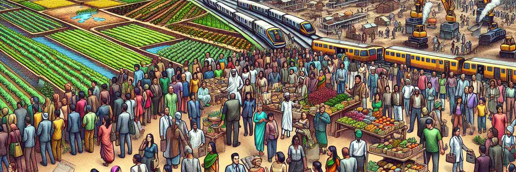 Draw a highly detailed and realistic depiction of a conceptual representation of economic developments and market responses. For economic developments, showcase a mix of growing plants on fertile ground and construction sites, symbolizing growth and development. For market responses, illustrate a crowd of diverse people, including South Asian men, Middle-Eastern women, Hispanic men, and Black women, interacting at a bustling marketplace, representing different sectors reacting to these developments. Keep it HD with rich colors and sharp images.