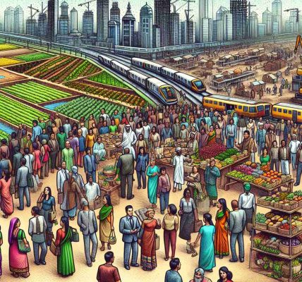 Draw a highly detailed and realistic depiction of a conceptual representation of economic developments and market responses. For economic developments, showcase a mix of growing plants on fertile ground and construction sites, symbolizing growth and development. For market responses, illustrate a crowd of diverse people, including South Asian men, Middle-Eastern women, Hispanic men, and Black women, interacting at a bustling marketplace, representing different sectors reacting to these developments. Keep it HD with rich colors and sharp images.