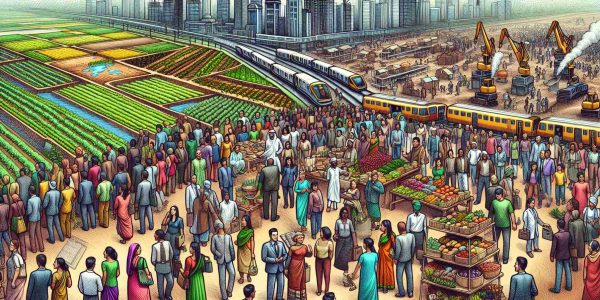 Draw a highly detailed and realistic depiction of a conceptual representation of economic developments and market responses. For economic developments, showcase a mix of growing plants on fertile ground and construction sites, symbolizing growth and development. For market responses, illustrate a crowd of diverse people, including South Asian men, Middle-Eastern women, Hispanic men, and Black women, interacting at a bustling marketplace, representing different sectors reacting to these developments. Keep it HD with rich colors and sharp images.