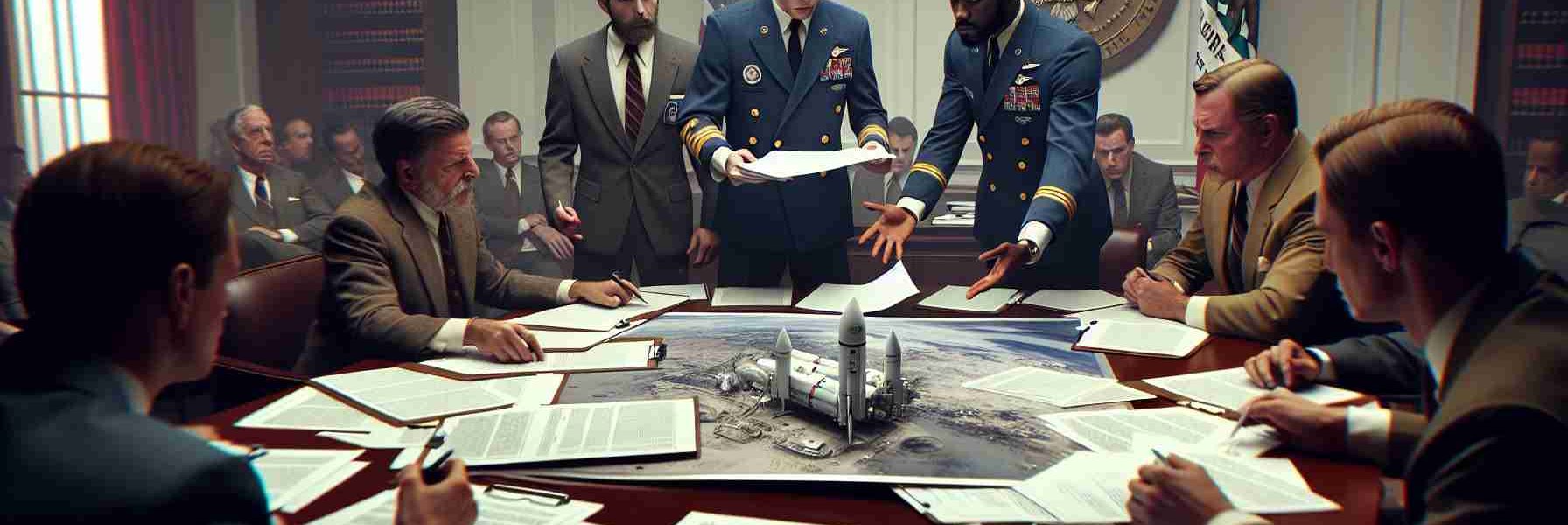 Create a realistic, high-definition image depicting a scenario wherein a fictional space exploration company's proposal for a satellite launch is being denied by the California commission. The focus could be a stern-looking commission member, with documents that presumably contain details of the launch proposal spread on a table before them. Alternatively, it could show a crestfallen representative of the space company as they process the decision. The setting should be a government building, perhaps a meeting room, indicating official discourse. The wording on documents and other elements should be kept intentionally vague to maintain an air of realism.